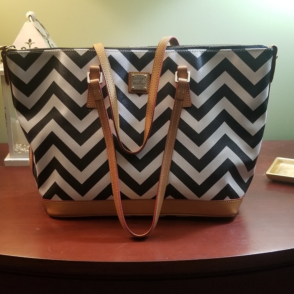 Dooney & Bourke Black & White Chevron Tote with Tan Trim